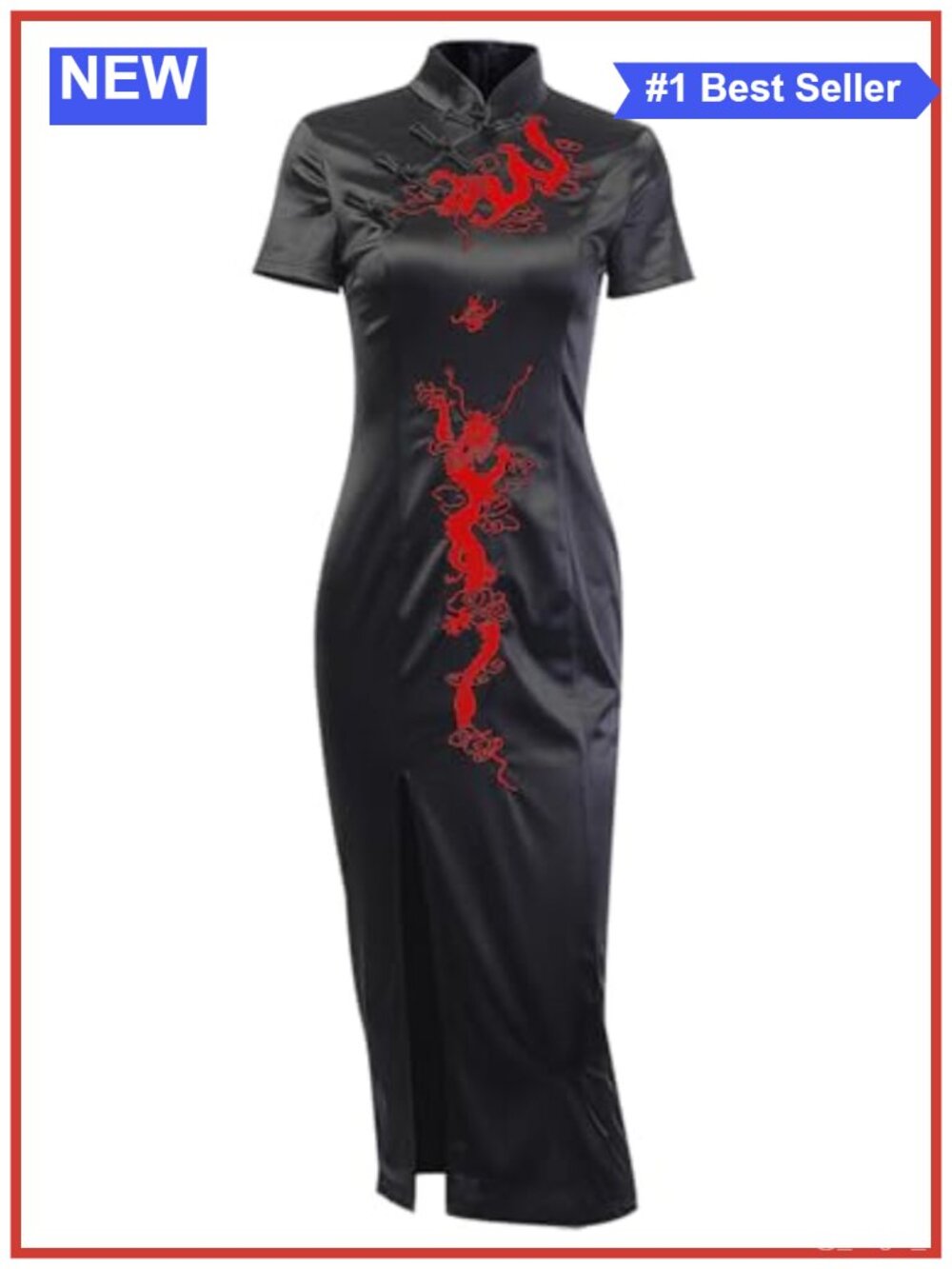 Cheongsam Dress Satin Gothic Long Maxi Mandarin Collar Dragon Embroidered Slim
